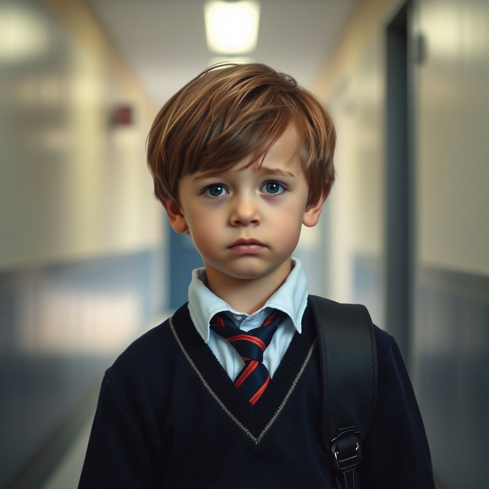 a sad child in a school uniform in a school corridor