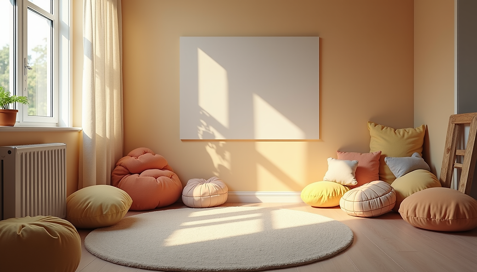 A calm corner, featuring a wooden bench seat, with orange cushion and plants