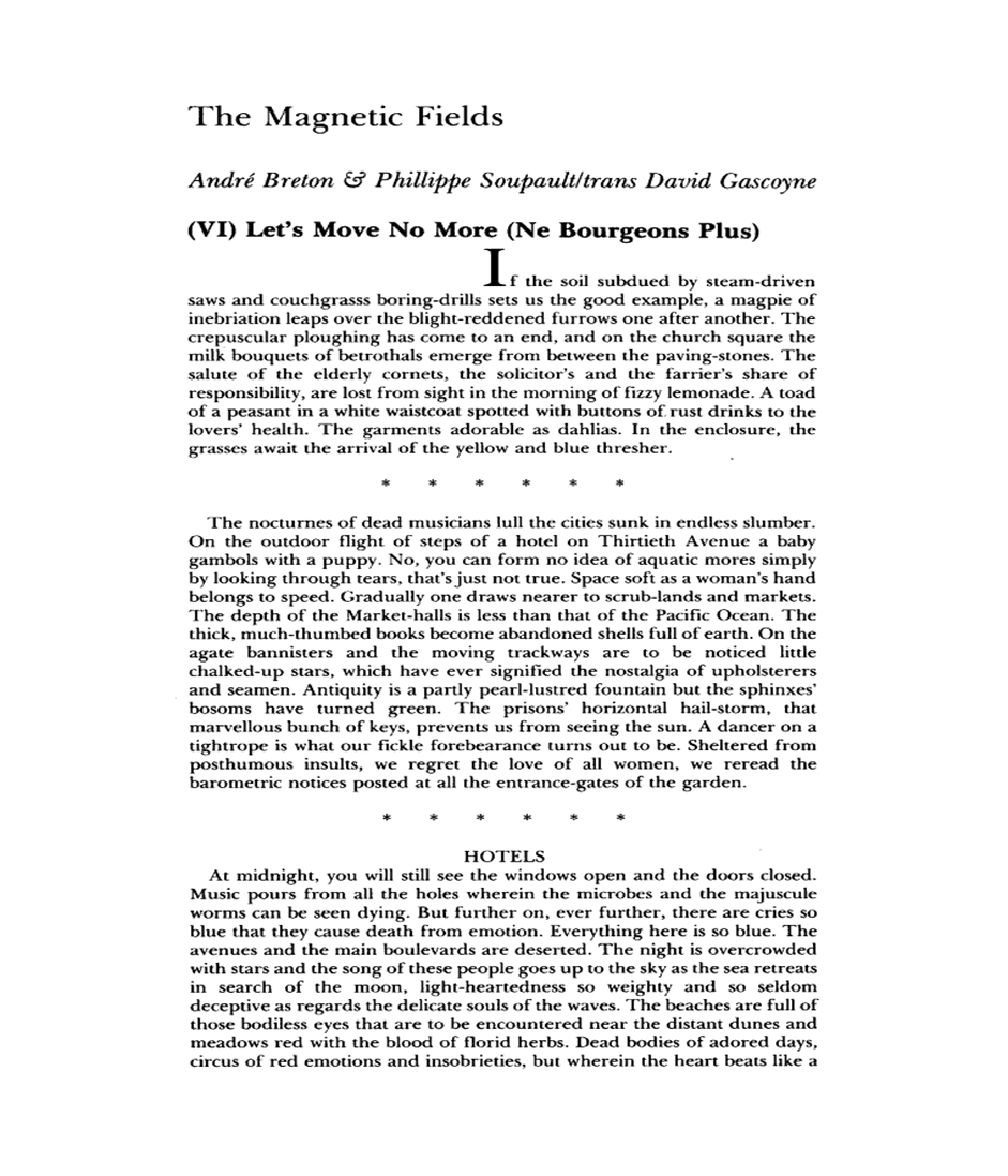 Opening page of "The Magnetic Fields" by Andre Breton. English translation available via the online library jstor.org