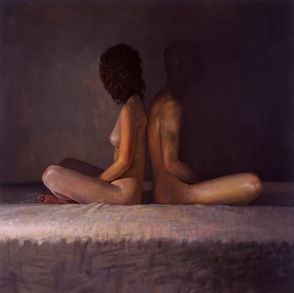 a male and female figure figure sitting crosslegged and back-to-back on a bed