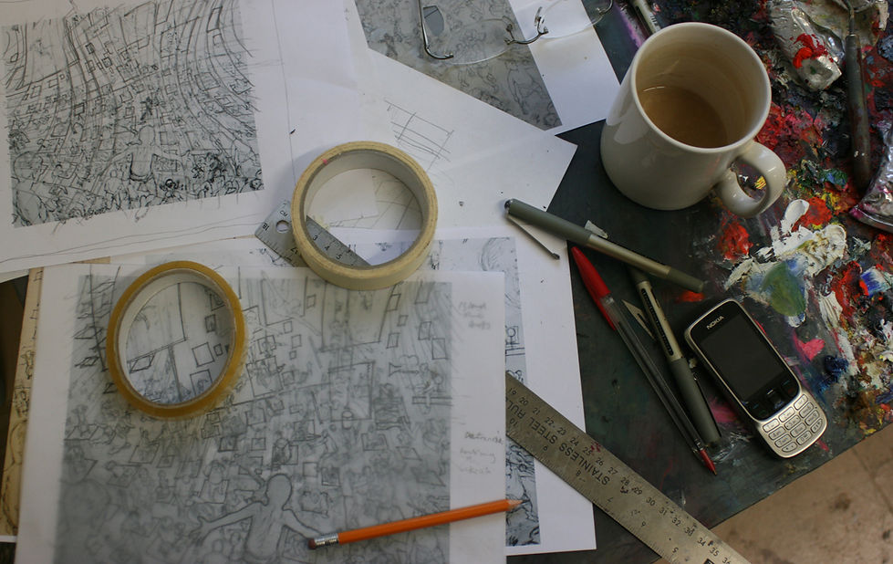 drawings, pencils, pens, ruler, masking tape, mug