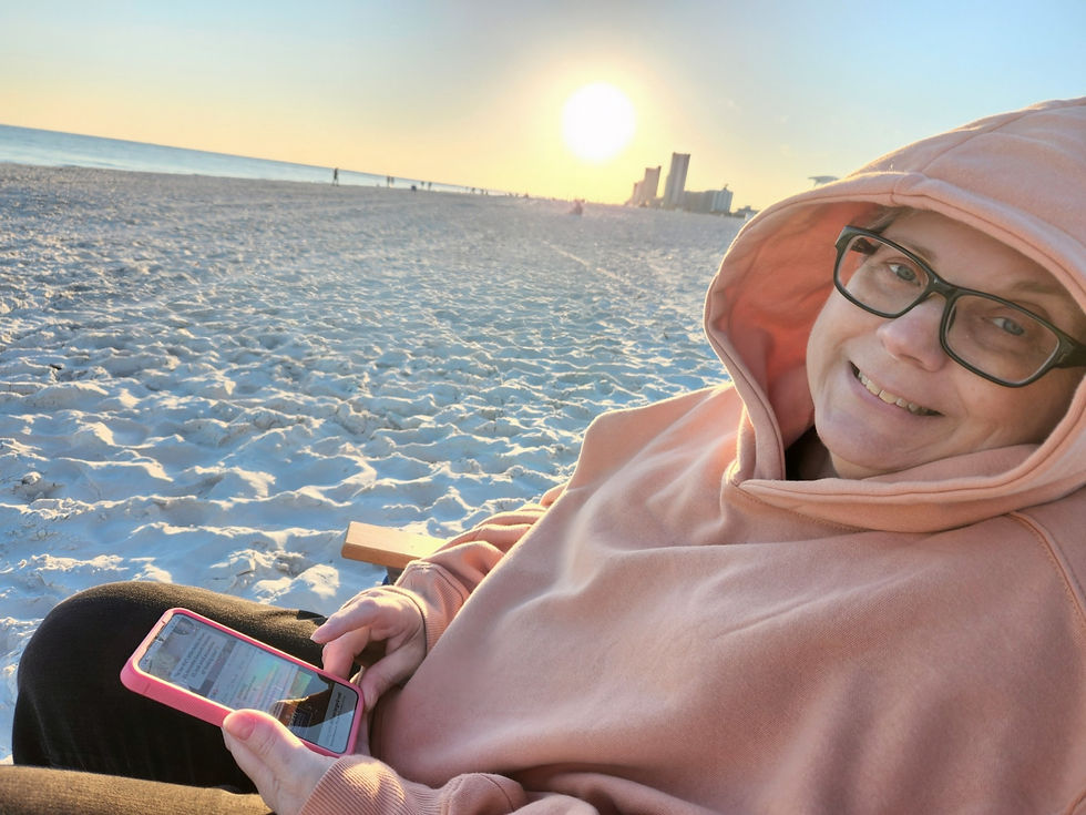 Dorinda on the beach ahead of sunset, March 2, 2025.