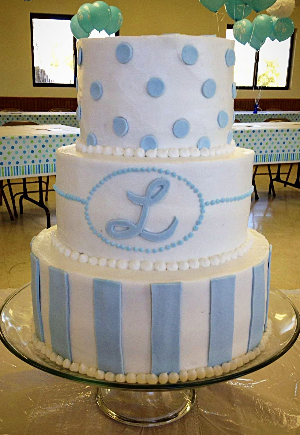 Monogrammed Blue Tiered Baby Shower Cake