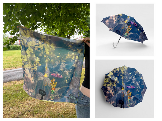'Abbey in misty meadows.'
Design sublimated onto silk. Illustration placed into context.