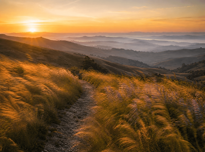 Wind-blurred golden grasses and lavender wildflowers sweep across the same hillside path, with rolling hills and sunrise in the distance.