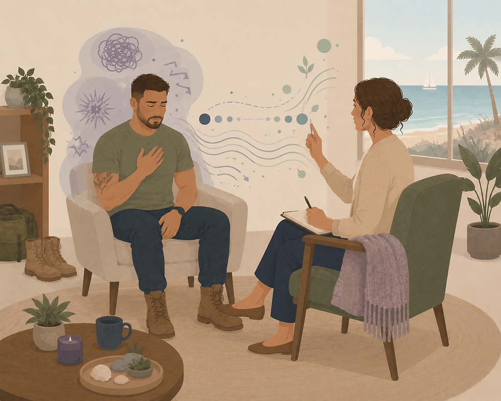 Minimalist illustration of a veteran in a calm coastal therapy office with a steady therapist nearby and soft EMDR movement shapes, representing EMDR therapy for veterans when talk therapy alone is not enough.