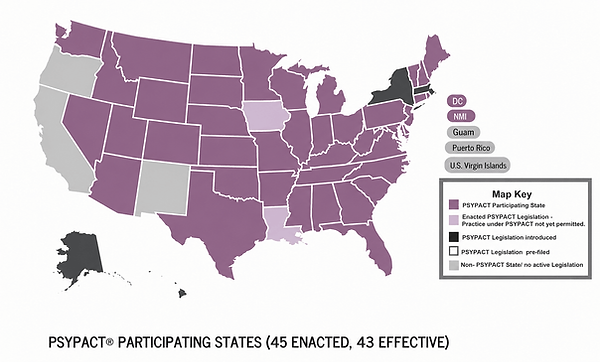 Map of the United States showing PSYPACT participation status by state, with participating states shaded in muted mauve-purple, other PSYPACT status categories shown in light purple, gray, white outline, and black, and a map key listing each category.