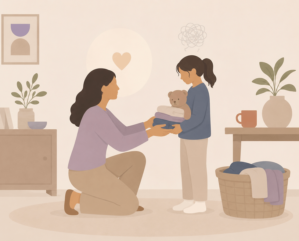 Minimalist illustration of an adult gently relieving a child of responsibility, representing recognition and healing of parentification patterns.