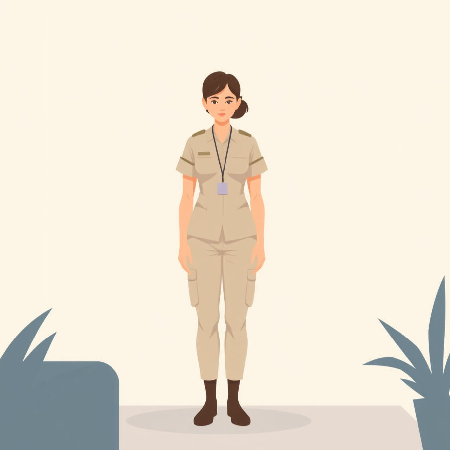Minimalist illustration of a calm veteran standing in a quiet safe space, representing healing and recovery after military sexual trauma.