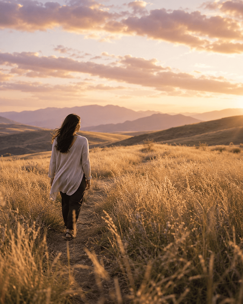 A single figure walks along a narrow path through tall golden grass, facing warm sunset light over rolling hills and distant mountains.