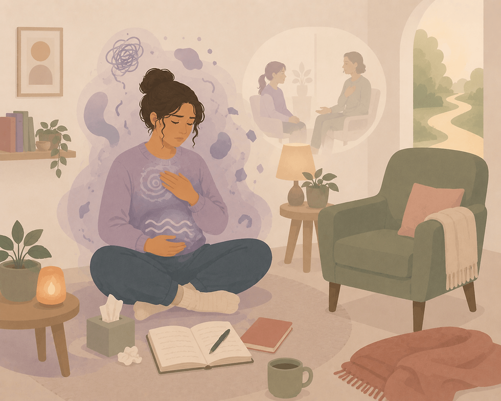 Minimalist illustration of a person sitting with a journal and tissues while unresolved body-based shapes remain near the chest and stomach, representing why journaling and crying alone may not fully resolve trauma without somatic therapy.
