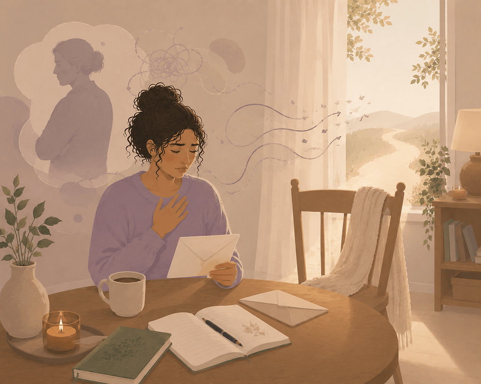 Minimalist illustration of a person sitting beside an unopened letter and an empty chair, representing grief for a parent who will never apologize and the process of letting go of the acknowledgment that is not coming.