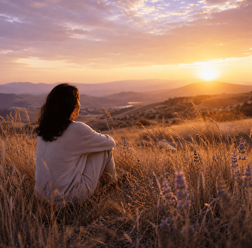 A single person sits quietly in a field of golden grass, facing warm sunset light over rolling hills, concept for the peace felt after customized trauma therapy intensives with Hayfield Healing