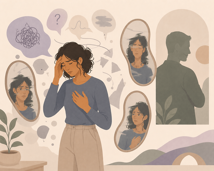 Minimalist illustration of a person surrounded by fragmented thought shapes and distorted mirrors, representing the confusion and self-doubt caused by narcissistic gaslighting.