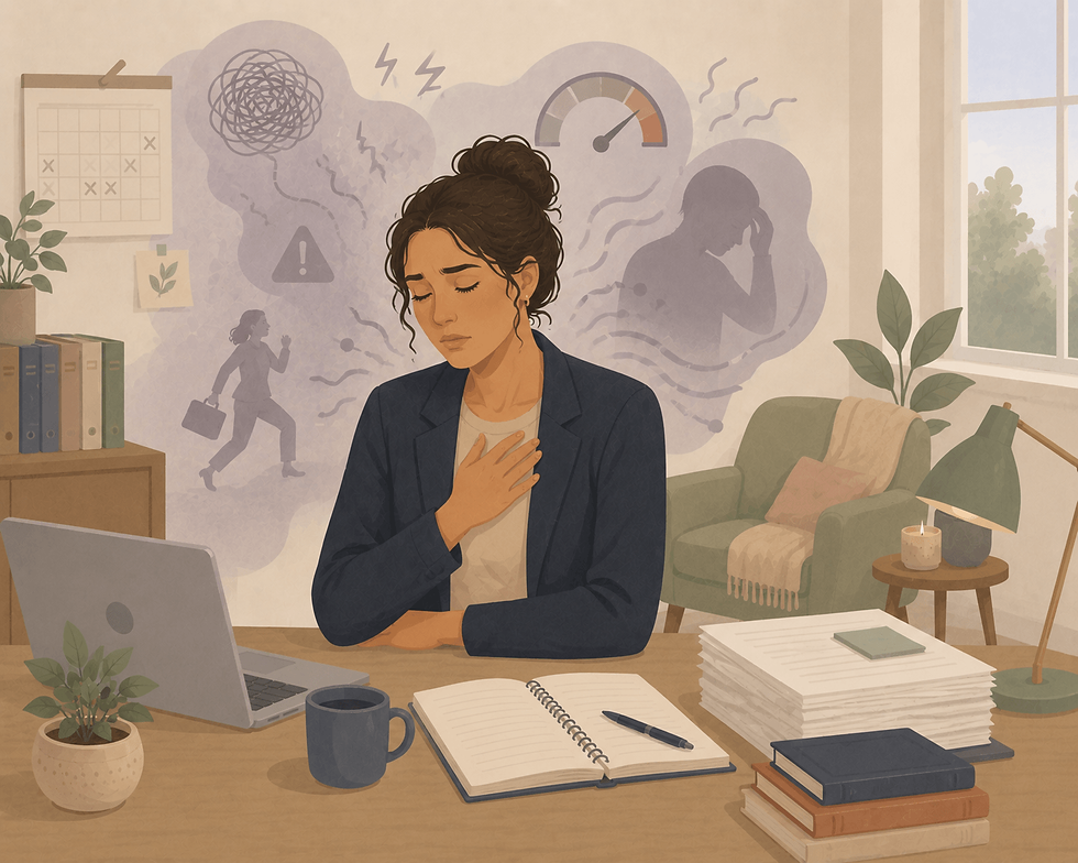 Minimalist illustration of an exhausted high-achieving adult in a tidy office with subtle nervous system activation shapes around them, representing high-functioning anxiety, trauma, and burnout.