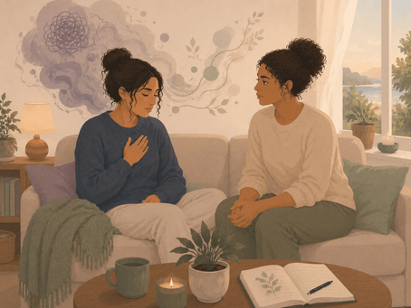 Minimalist illustration of one person sitting with another who offers quiet, steady presence rather than fixing, representing the difference between being soothed and being emotionally met.