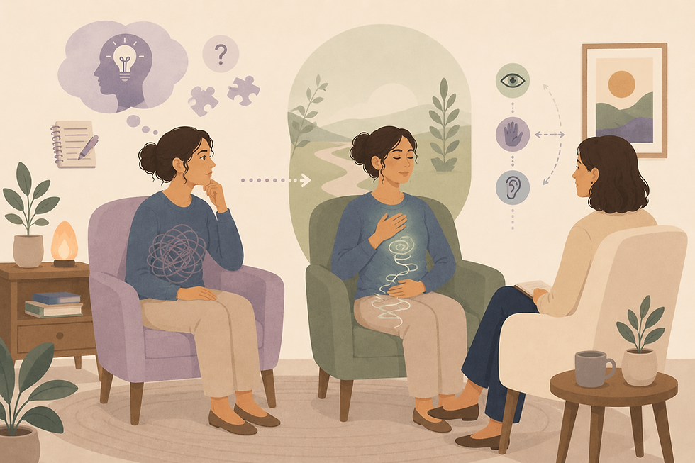 Minimalist illustration of a therapy client shifting from insight in the mind to calm regulation in the body, representing how EMDR changes emotional reactions rather than just increasing understanding.