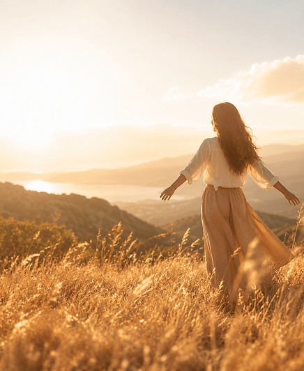 Woman standing in a golden field at sunset with her arms relaxed outward, facing distant hills and glowing light in a peaceful, open landscape.
