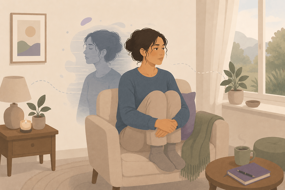 Minimalist illustration of a person sitting in a calm room with a soft offset silhouette beside them, representing dissociation and the feeling of being disconnected from reality.