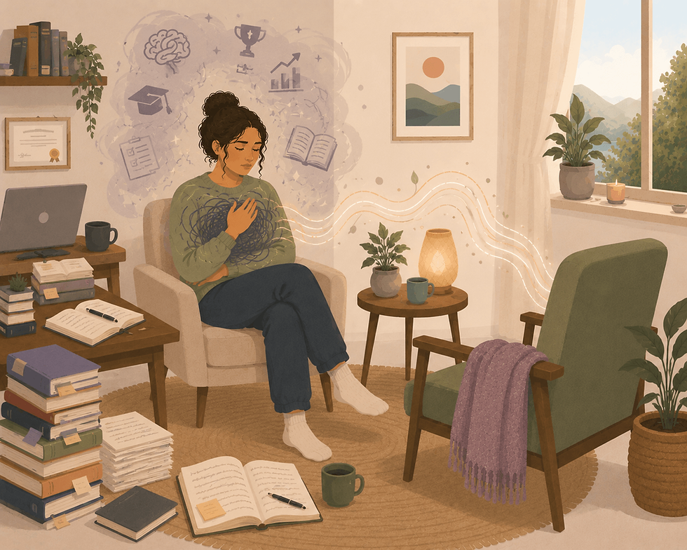 Minimalist illustration of a capable adult sitting alone with books and work materials while unresolved shapes remain near the body, representing why trauma healing often needs safe relational support rather than self-reliance alone.