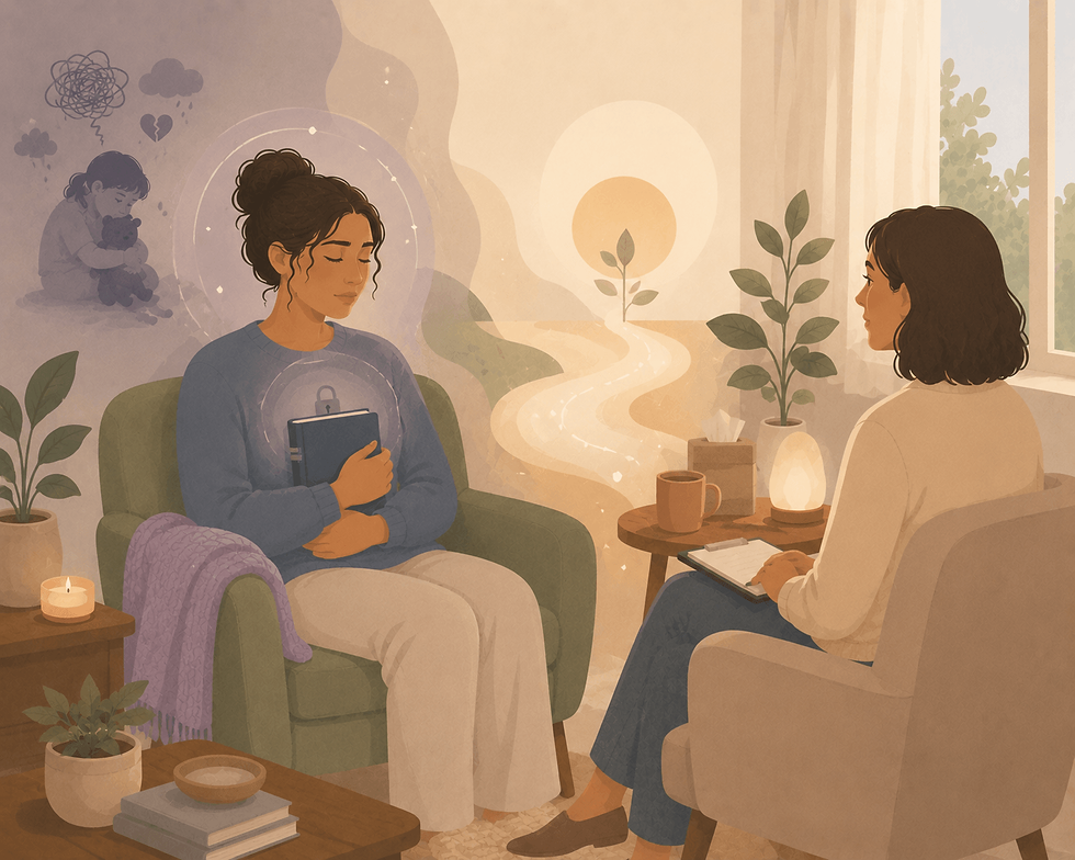 Minimalist illustration of a client holding a closed journal in a calm therapy room while a therapist sits nearby, representing trauma healing without having to tell the full trauma story.