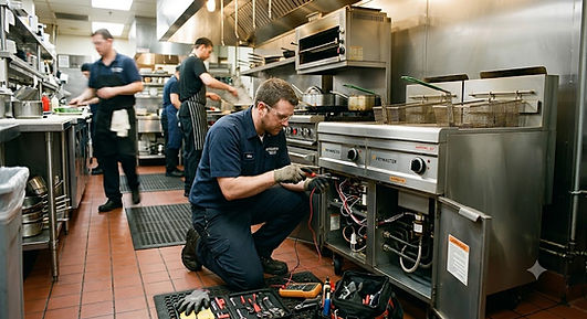 JMC Maintenance Gas Safe engineer servicing commercial fryer in Huddersfield restaurant