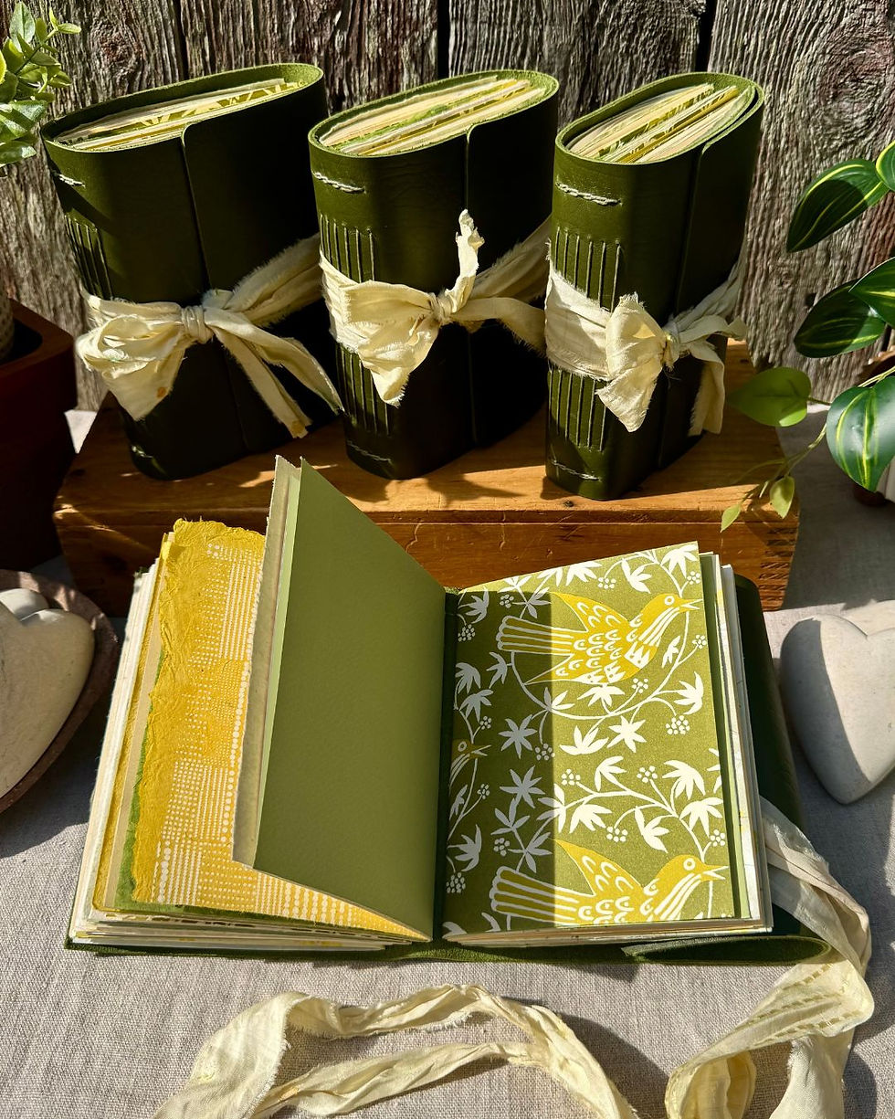 Thumbnail: green leather journal with green and yellow papers