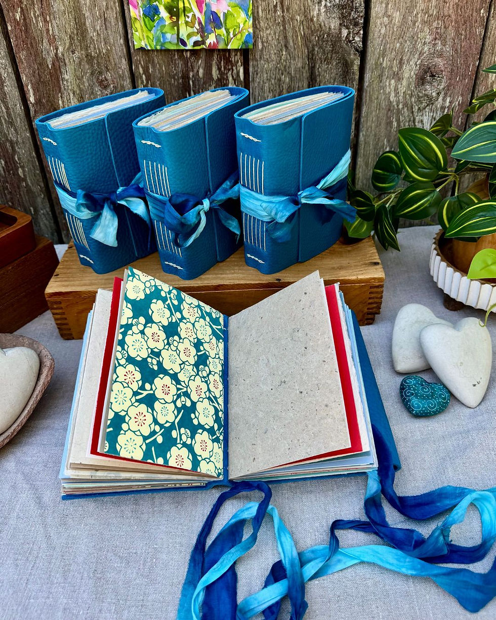 Thumbnail: teal leather journal with flower theme