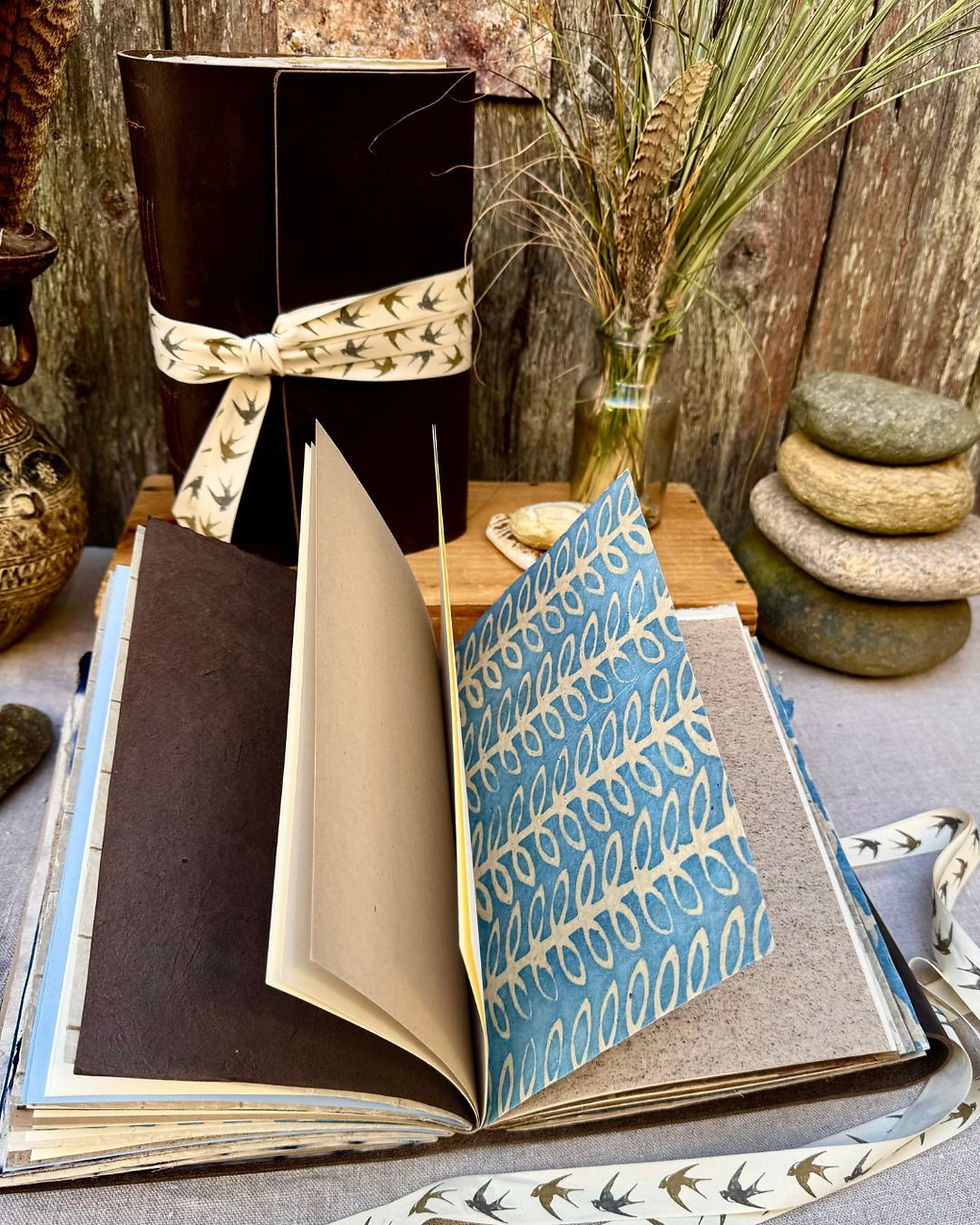 Thumbnail: cream and blue handmade papers in earth and sky leather journal