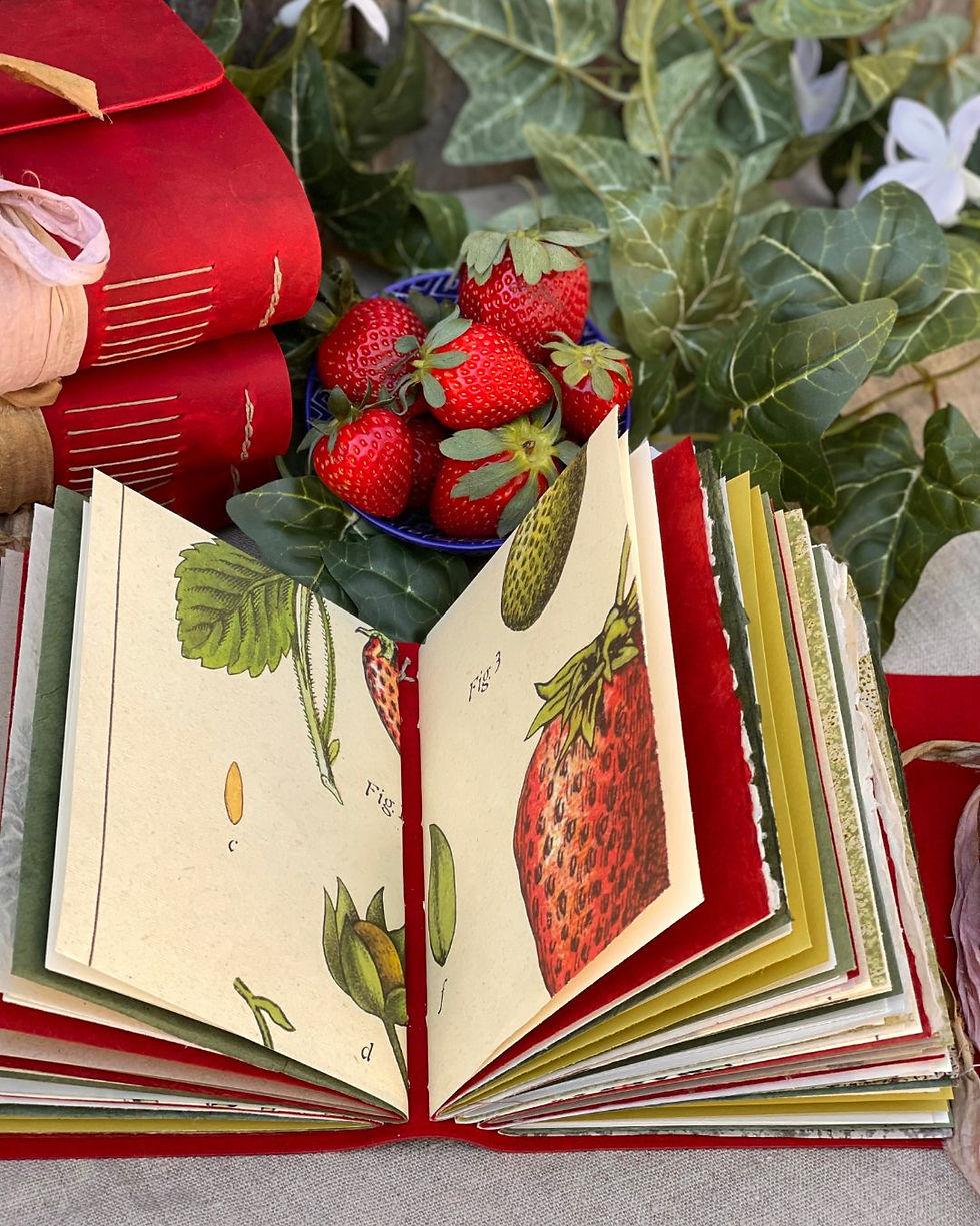Thumbnail: strawberry red leather journal with strawberry pattern pages