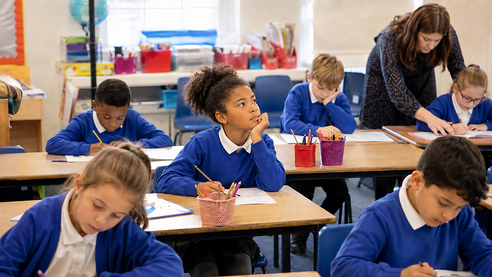 a girl in a classroom looking away from her worksheet
