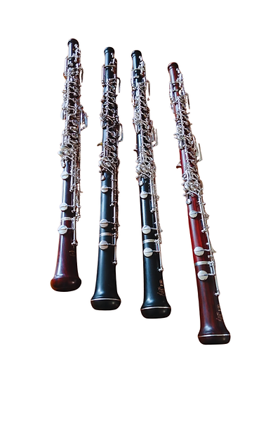 4 Loree and Howarth professional oboes lined up in a row.