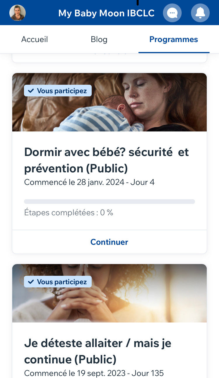 écran de présentation des programmes de l'appli