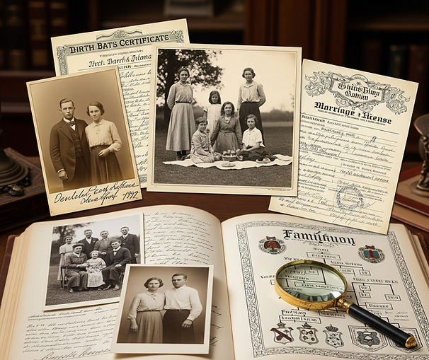 Four black and white group photographs along side a marriage license, a book with the family tree listed, and a magnifying glass.