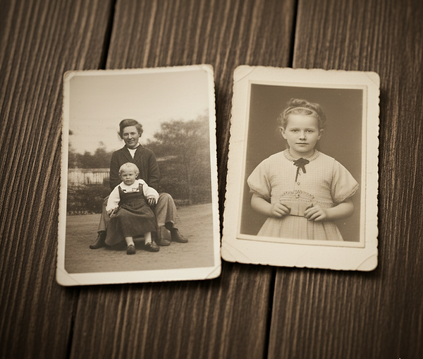 Two black and white photos laying on a wooden table, one of a woman with dark hair with a blonde haired toddler and one of a young, blonde haired girl.