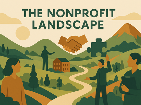 People in a green landscape with a sunlit sky, holding a puzzle piece and a clipboard. Text reads "The Nonprofit Landscape." Hands shaking.