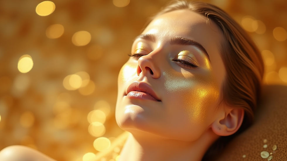 Eye-level view of a gold facial treatment setup