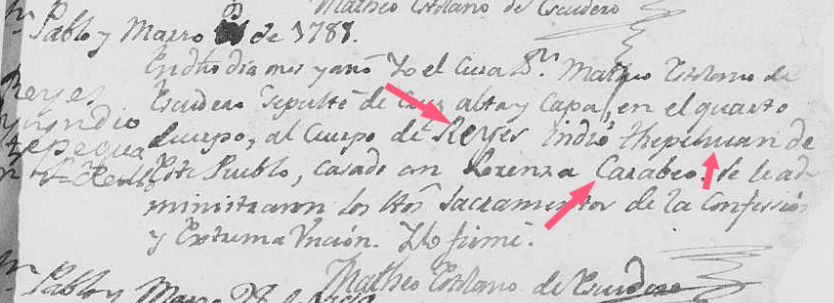 San Pablo, Balleza, Chihuahua, Mar 9 1788--Marriage records for Reyes, Indio Thepehuan and Lorenza Carabeo