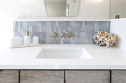 bright blue and white bathroom sink