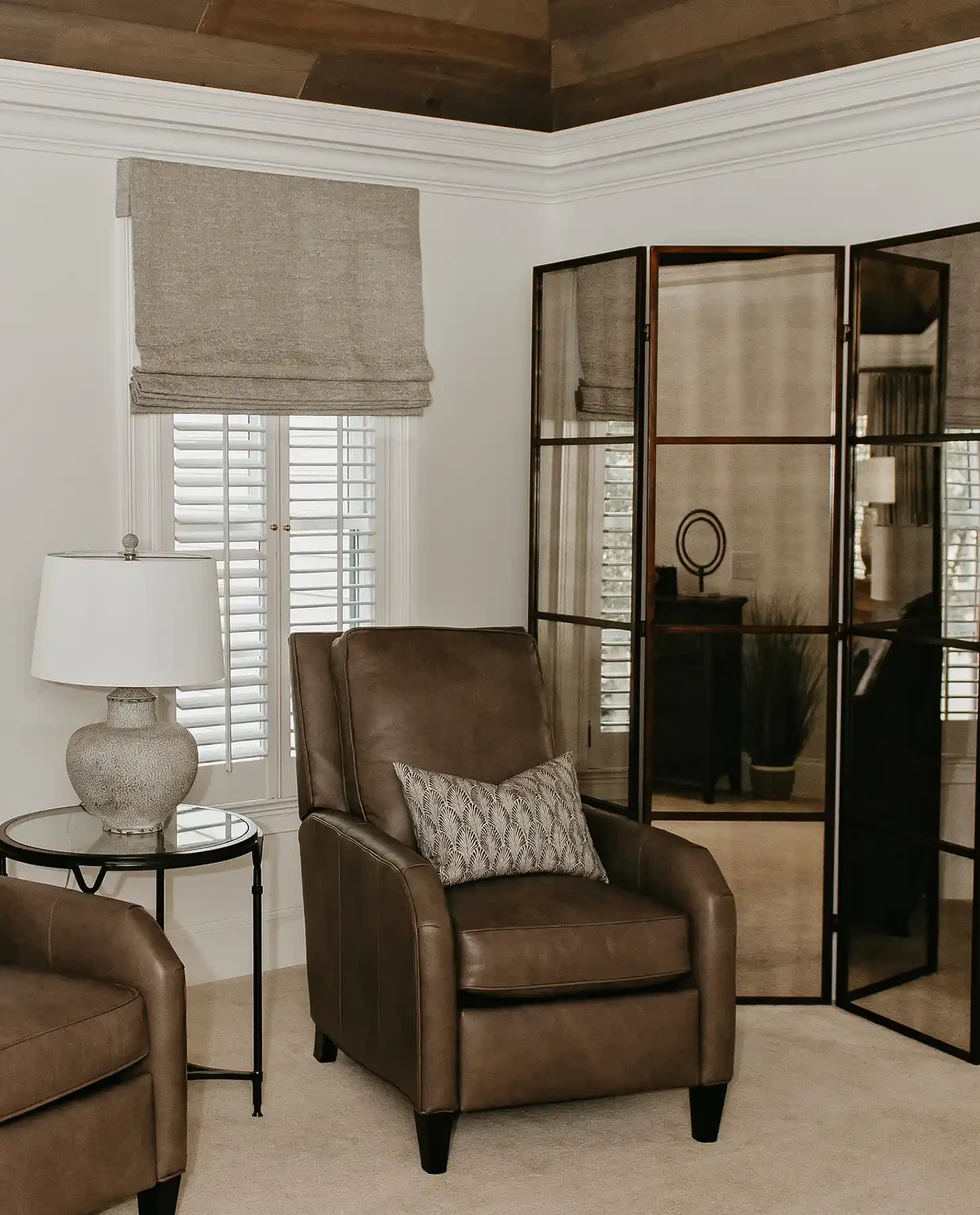 modern leather recliner chair | primary bedroom | master bedroom | mirror room divider | folding room divider