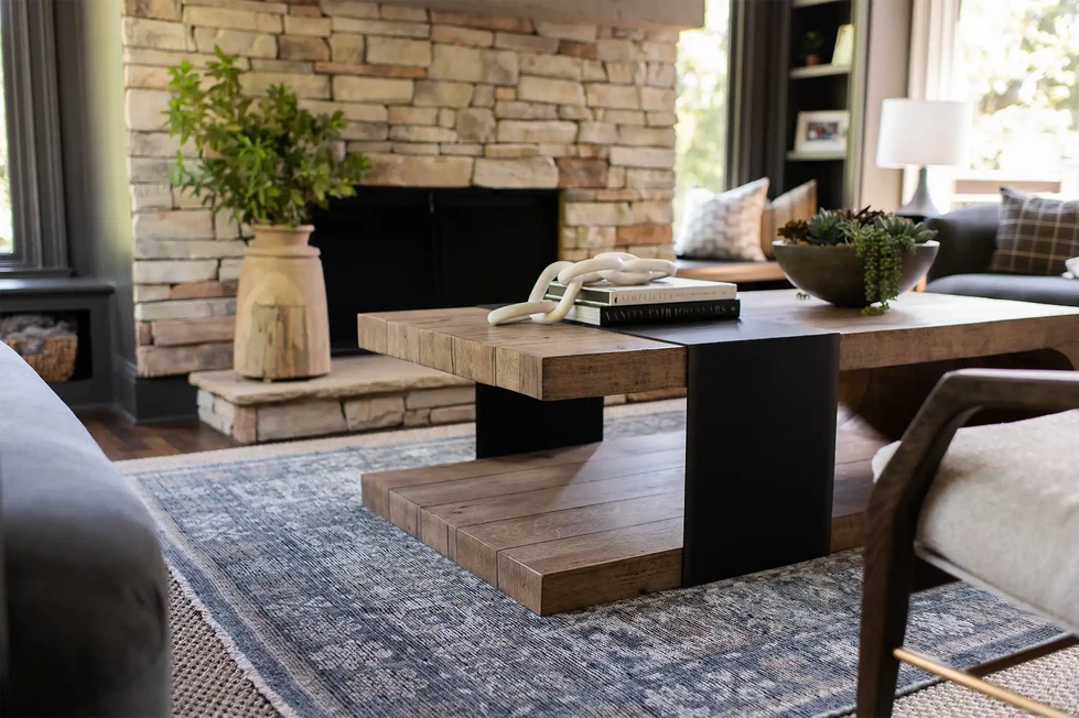 keeping room | stacked stone fireplace | modern wood arm chairs | modern wood coffee table | blue sofa | blue couch | blue area rug