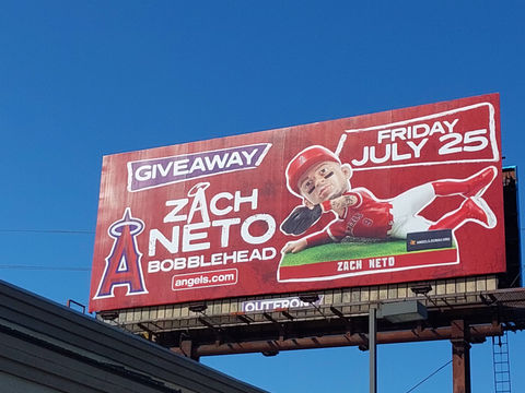 Zach Neto Bobblehead Giveaway Billboard on 55 Freeway in Orange County.