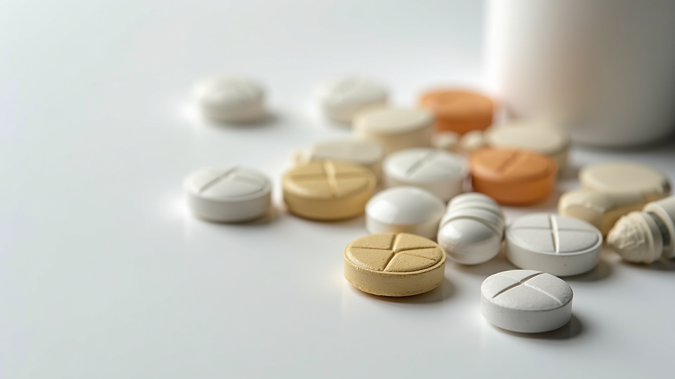 Close-up view of various sleep aid pills and supplements arranged on a white surface