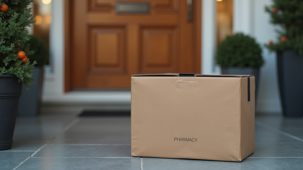 Eye-level view of a pharmacy delivery package on a doorstep