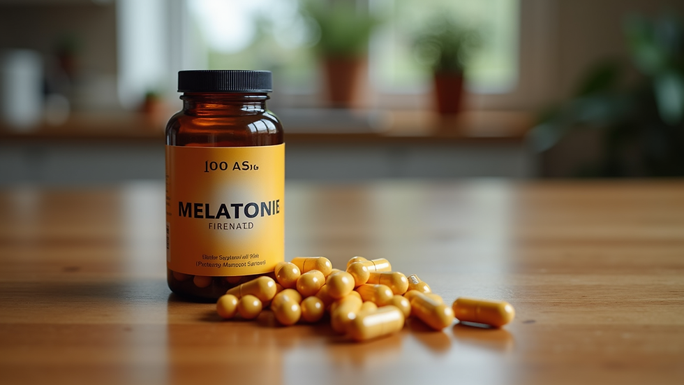 Close-up view of a bottle of melatonin capsules on a wooden table