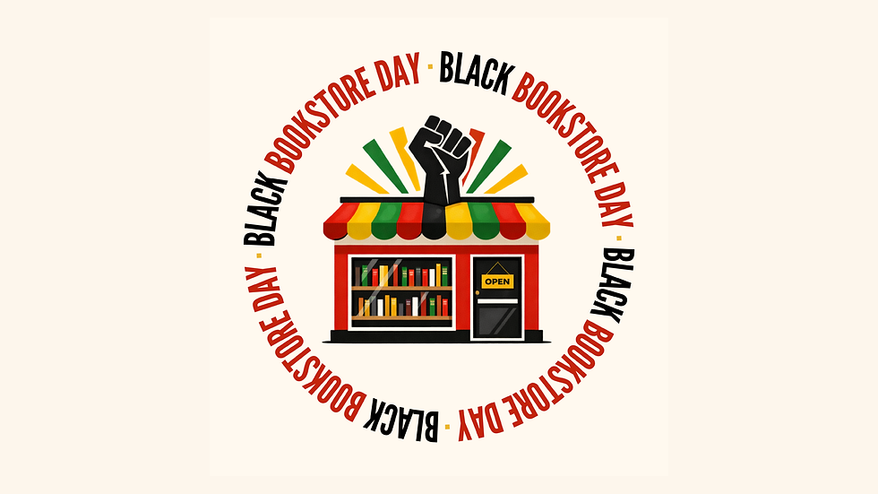 Circular Black Bookstore Day™ logo featuring repeating red and black text around a modern bookstore illustration. The bookstore has red, yellow, green, and black awnings, books displayed in the front window, an “open” sign on the door, and a raised Black fist rising from the roof with red, yellow, green, and black rays behind it.