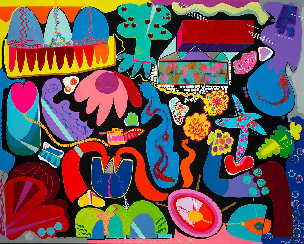 Abstract fine art print "Playing Baseball Under the Apple Tree" by Mike Margolis, featuring a colorful abstract design.