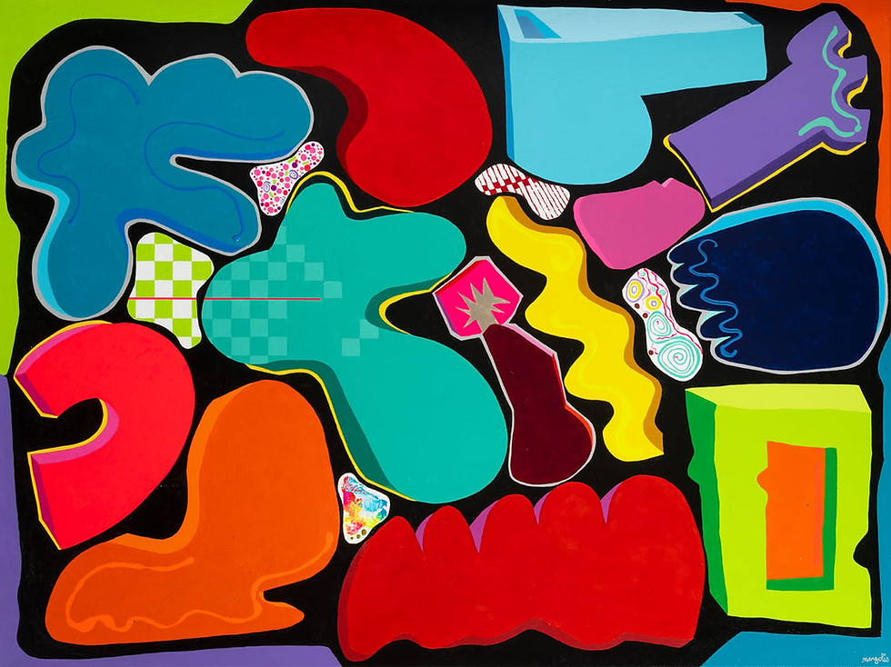 Abstract fine art print "Whistle in the Dark" by Mike Margolis, featuring colorful geometric shapes.