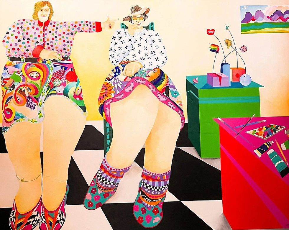 Fine art print "Are You Going on Sunday?" by Mike Margolis, featuring a colorful stylized abstract figurative design.