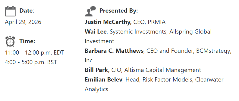Speaker list for the April 29 webinar by PRMIA